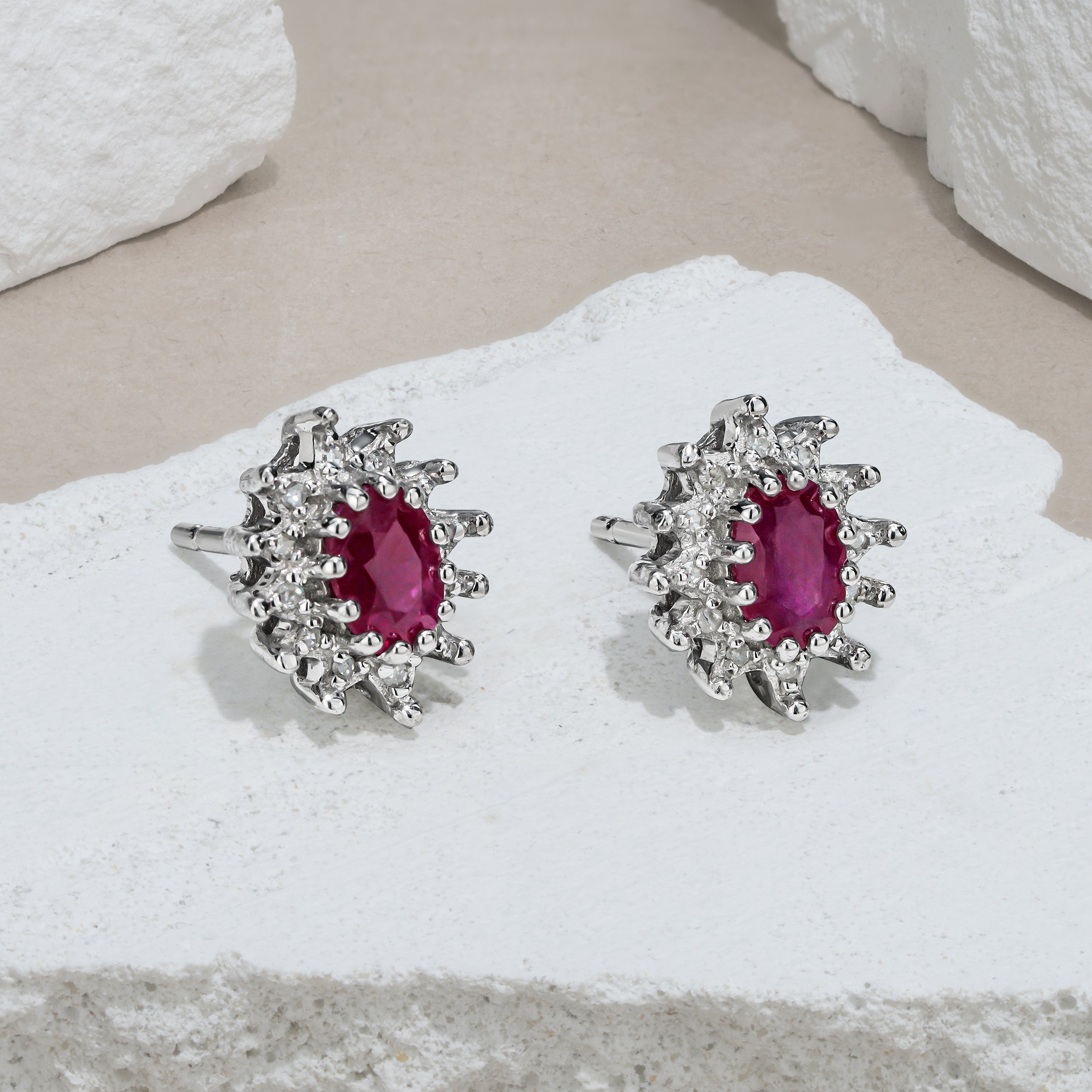 Ruby 6 x 4mm And Diamond Cluster 925 Sterling Silver Earrings